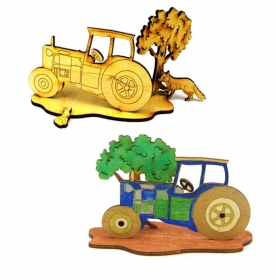 Traktor mit Baum, Fuchs und Hase als Geburtstagsset zum Basteln aus Holz für Traktorliebhaber