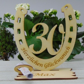 Personalisiertes Geschenk zum 30. Geburtstag, Hufeisen 15 cm aus Holz mit Geldscheinhalter und Gutscheinhalter