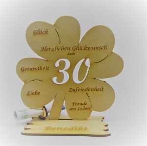 Geld- und Gutscheingeschenk ♥ mit Personalisierung ♥ Jahreszahl 30 ♥ Kleeblatt 11 cm ♥ Holz - Handarbeit kaufen
