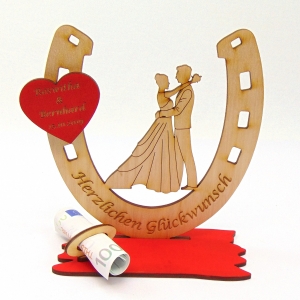 Personalisiertes Geschenk zur Hochzeit Hufeisen 15 cm für ★ Mann und Frau ★  aus Holz, mit Geldscheinhalter und Gutscheinhalter