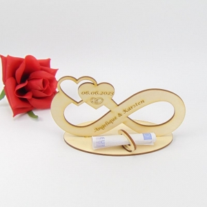 ♥ Unendlichkeit ♥ Personalisiert Geschenk für Hochzeit, Verlobung 17cm Geldgeschenk aus Holz graviert mit Namen