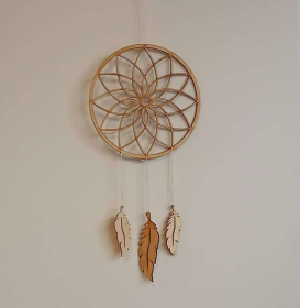 Traumfänger aus Holz 22 cm Durchmesser 3 Federn aus Holz DIY selbst gestalten Blume des Lebens Ornament Allergiker geeignet