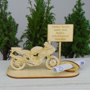 Geldgeschenkset ★ Motorrad aus Holz mit Aufschrift - Immer Boden unter dem Reifen, Glückwunsch - Handarbeit kaufen