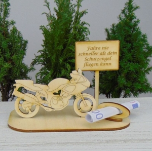 Geldgeschenkset  ★ Motorrad aus Holz mit Aufschrift - Fahre nie schneller als dein Schutzengel fliegen kann - Handarbeit kaufen