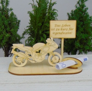 Geldgeschenkset ★ Motorrad aus Holz mit Aufschrift - Das Leben ist kurz für irgendwann - Handarbeit kaufen