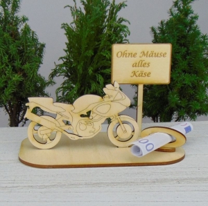 Geld- oder Gutscheingeschenkset ★ Motorrad aus Holz mit Aufschrift 