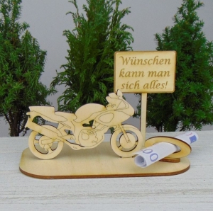 Geldgeschenkset  ★ Motorrad aus Holz mit Aufschrift - Wünschen kann man sich alles - Handarbeit kaufen