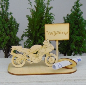 Geldgeschenkset  ★ Motorrad aus Holz mit Aufschrift - Volljährig - Handarbeit kaufen