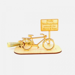 Geld und Gutschein  ★ Personalisiertes Herren- Fahrrad aus Holz  - Frohe Weihnachten und Wunschnamen - Handarbeit kaufen