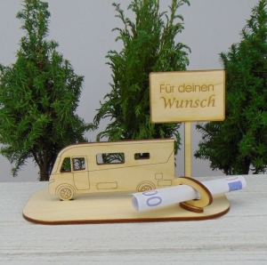 Geldgeschenk Urlaubsreise- oder Gutscheingeschenkset ★ integriertes Wohnmobil aus Holz mit der Aufschrift 