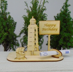 Geldgeschenkset  ★ Leuchtturm aus Holz mit Aufschrift - Happy Birthday - Handarbeit kaufen