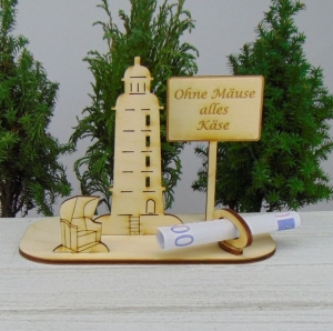 Geldgeschenkset  ★ Leuchtturm aus Holz mit Aufschrift - Ohne Mäuse ist alles Käse - Handarbeit kaufen