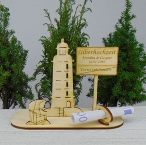 Geldgeschenkset  ★ Leuchtturm aus Holz mit Aufschrift - Silberhochzeit / Viertel Jahundert - Handarbeit kaufen