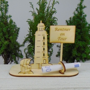 Geldgeschenkset ★ Leuchtturm aus Holz mit Aufschrift - Rentner on Tour - Handarbeit kaufen