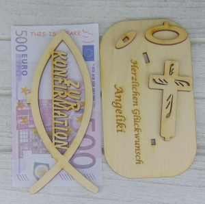 Zur Konfirmation ♥ Personalisiertes Geldgeschenk - oder Gutscheingeschenk aus Holz ♥ Geschenk für Paten ♥ Fisch