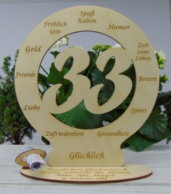 33. Geburtstag Geldgeschenk Personalisierte Tischdekoration graviert mit ihrem Wunschtext Plauener 18cm  - Handarbeit kaufen