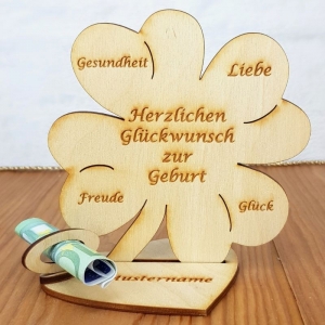 Geld- und Gutscheingeschenk ♥ mit Personalisierung ♥ Geburt ♥ Kleeblatt 11 cm und 16 cm ♥ Holz - Handarbeit kaufen