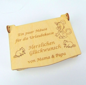 Geschenk zum Geburtstag Schatulle Geld für die Urlaubskasse ein paar Mäuse Holz B3-GST06  - Handarbeit kaufen