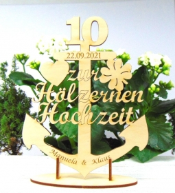 Hölzerne Hochzeit Anker Maritim Personalisiertes Hochzeitsgeschenk ♥ 17,5 cm mit Ständer zum Hinstellen - Handarbeit kaufen