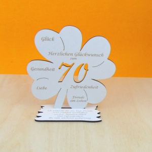 Geldgeschenk zum 70 Geburtstag Kleeblatt 16 cm Gutscheingeschenk  weiß - Vintage Holz 01 - Handarbeit kaufen