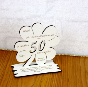 Weißes Vintage Kleeblatt ♥ Jahreszahl 50 ♥ Geld- und Gutscheingeschenk ♥ 11 cm oder 16 cm ★ mit Wir wünschen Dir Sprüchen - Handarbeit kaufen