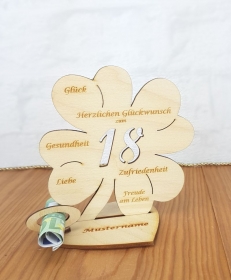 Zum 18. Geburtstag mit Wunschname Kleeblatt 11cm Geldgeschenk Tischdeko aus Holz Glückwünsche im Kleeblatt Geschenkidee - Handarbeit kaufen