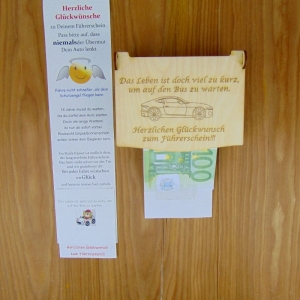 Wünschebox ♥ Geschenk zum bestandenen Führerschein ♥ Geldgeschenk ♥ Holzbox mit Schlitz und Klappdeckel ♥ Wunschbox Das Leben ist doch viel zu kurz