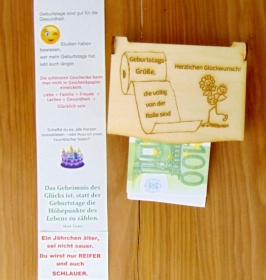 Wünschebox ♥ originelles Geburtstagsgeschenk ♥ Geldgeschenk mit Augenzwinkern ♥ Holzbox mit Schlitz und Klappdeckel ♥ Wunschbox Geburtstagsgrüße von der Rolle