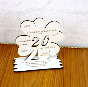 Weißes Kleeblatt Vintage Stil ♥ Jahreszahl 20 ★ mit auswählbaren Geburtstagssprüchen ♥ 11 cm oder 16 cm ♥ mit Halter für Geld oder Gutscheine