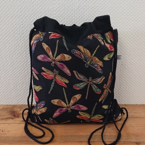 Turnbeutel, Festivaltasche, Rucksack in schwarz mit Libellen, Handmade by la piccola Antonella - Handarbeit kaufen