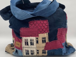 Shopper, Jeanstasche mit Häuserapplikationen 55 x 45cm mit langen Henkeln, Reißverschlusstasche - Handarbeit kaufen