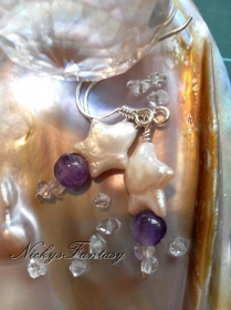 Stern Amethyst Ohrhänger, mit Bergkristall, 925 Sterlingsilber, Unikat, Klappbrisuren, (Sterne echte  Süßwasserzuchtperlen