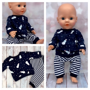 Puppenkleidung passend für Gr. 43-45 cm -  Schlafanzug Schneemann dunkelblau (2)