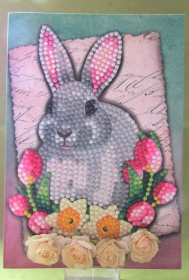 Grußkarte in Diamond Painting, Osterkarte , Hase in Blumen