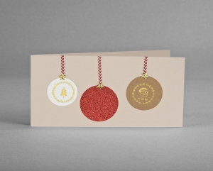 GLITTER-ROT-KUGEL: Weihnachtskarte mit kupferfarbiger Glitter-Weihnachtsbaumkugel ☆ handgefertigt ☆ inkl. Kuvert plus Gratis-Karte - kostenloser Versand