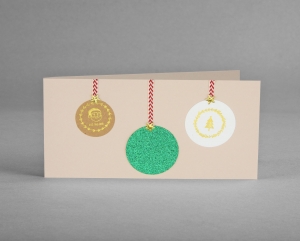 GLITTER-GRÜN-KUGEL: Weihnachtskarte mit kupferfarbiger Glitter-Weihnachtsbaumkugel ☆ handgefertigt ☆ inkl. Kuvert plus Gratis-Karte - kostenloser Versand