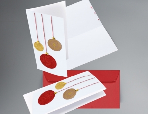 ROT-GOLD-GLITZER-KUGEL: 2 Weihnachtskarten mit roter und goldener Weihnachtsbaumkugel ☆ handgefertigt ☆ inkl. Kuverts plus Gratis-Karte ☆ kostenloser Versand