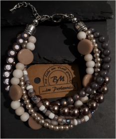 Perlen-Armband Armband handgemachtes Einzelstück creme taupe silber grau braun 21 cm