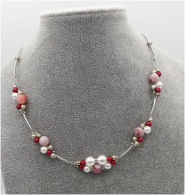 Perlenkette Perlen-Kette Halskette handgemachtes Unikat Naturstein weiss rosé rot silber 47 cm