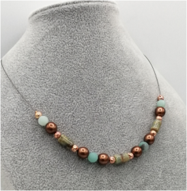 Perlenkette Perlen-Kette Halskette handgemachtes Unikat Naturstein braun türkis rosé-gold 41 cm