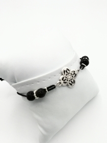 Leder-Armband Perlen-Armband schwarz silber, mit Silber-Ornament Blüte Geschenk 