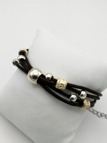 Leder-Armband Perlen-Armband braun silber vierreihig Geschenk 