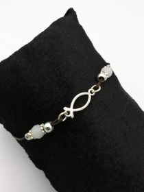 Leder-Armband Perlen-Armband braun silber weiss mit Silber-Ornament Fisch Geschenk Kommunion Konfirmation 