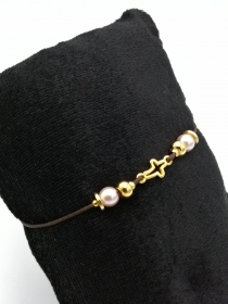 Leder-Armband Perlen-Armband braun gold rosé mit Gold-Ornament Kreuz Geschenk Kommunion Konfirmation 