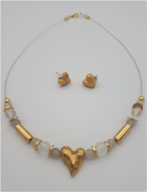 Perlenschmuck-Set Halskette und Ohrstecker gold weiss Herzen 925er Silber vergoldet
