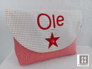 Tasche Windeltasche Stern  und Name Tasche Kulturtasche beige rot   - Handarbeit kaufen