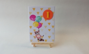 Grußkarte, Karte zum 1. Geburtstag, Kind, neutral, Waschbär, orange, gelb, ca. 10,5 x 15 cm