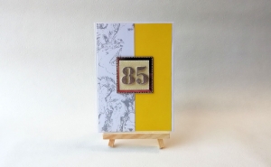 Grußkarte, Karte zum 85. Geburtstag, Geburtstagskarte, gelb, silber, ca. 10,5 x 15 cm