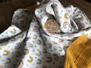 Baby Kuscheldecke Musselin Regenbogen handmade Geschenk Geburt neu  - Handarbeit kaufen