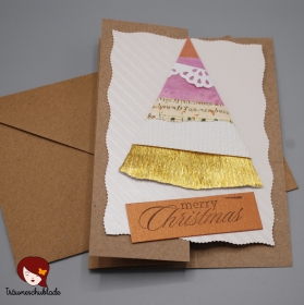 3D selbstgebastelte Weihnachtskarte mit Briefumschlag, gefalzt, Tannenbaum Motiv, verschiedene Materialien